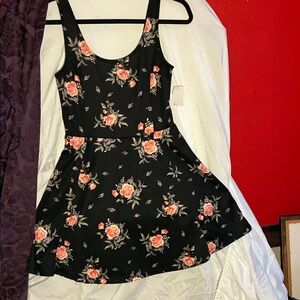 Divided Black Floral Mini Dress with Coral Roses